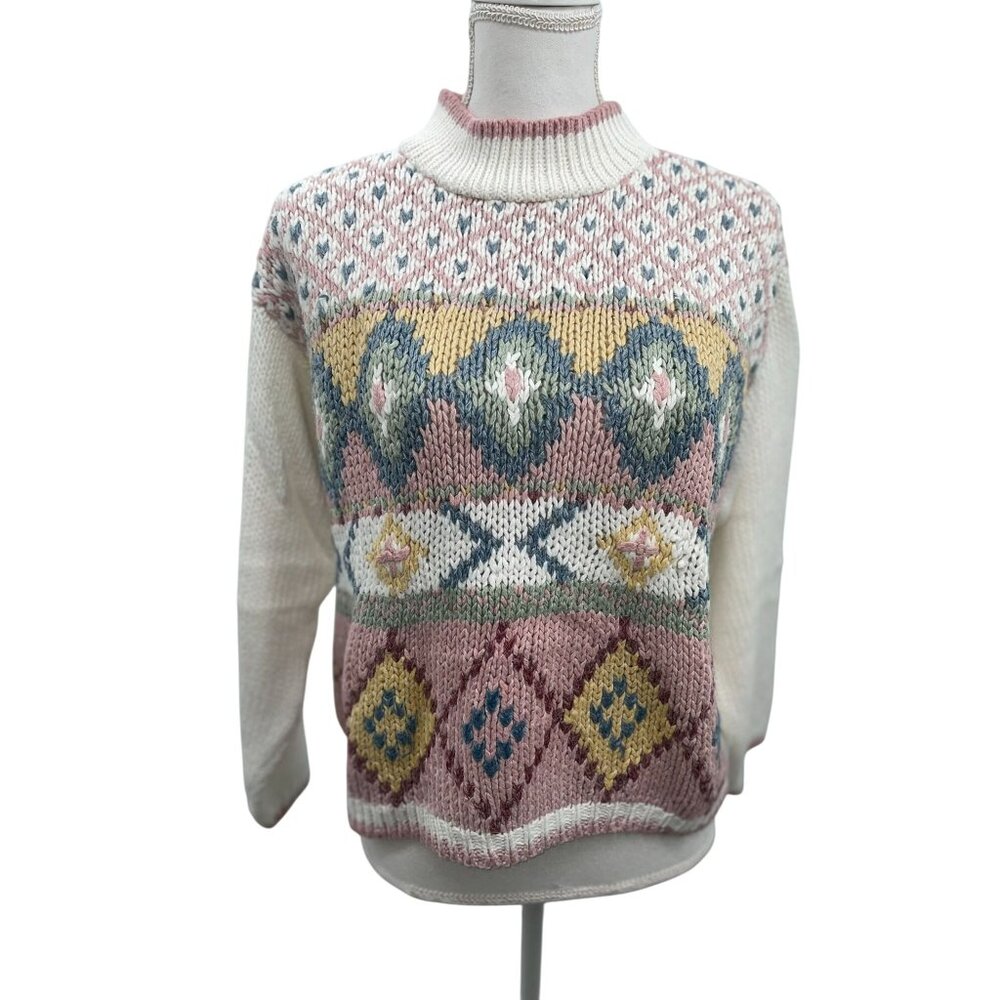 Vintage Ivy Club Sweater Women's M Geometric Mock Neck Grandmacore Used - Picture 3 of 15